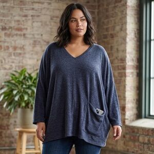 Eileen Fisher Organic Cotton Hemp Melange V-Neck Pocket Top Blue Relaxed  XL